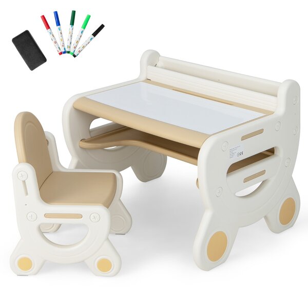 Costway Tavolo da disegno e sedia per bambini con acquarelli e gomma per lavagna, Tavolo con ripiano da leggere Marrone