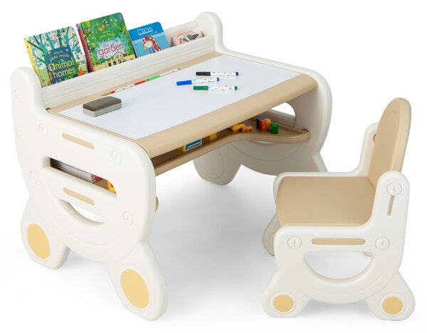 Costway Tavolo da disegno e sedia per bambini con acquarelli e gomma per lavagna, Tavolo con ripiano da leggere Marrone