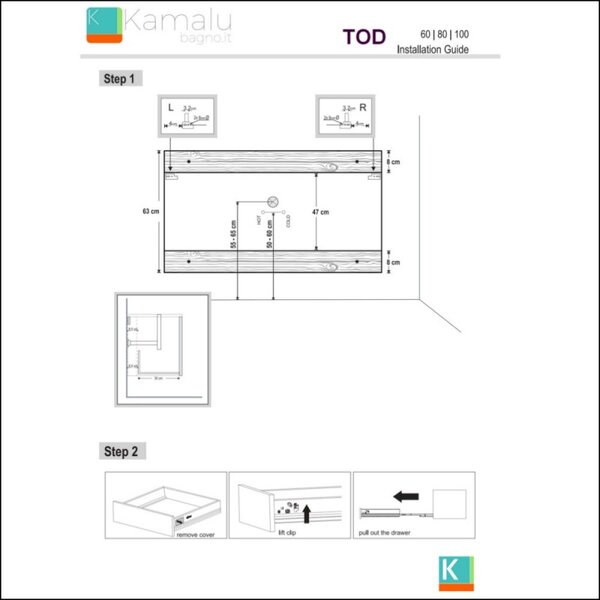 Mobile bagno sospeso 80 cm con due cassetti e piano bianco solid surface TOD-80SS - KAMALU