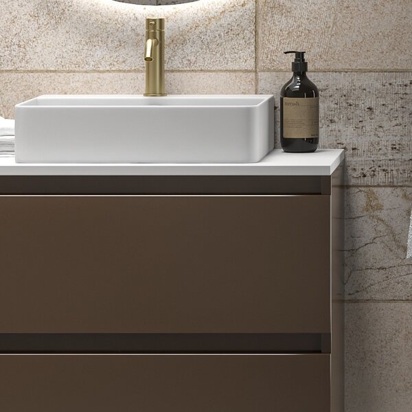 Mobile bagno sospeso 80 cm con due cassetti e piano bianco solid surface TOD-80SS - KAMALU