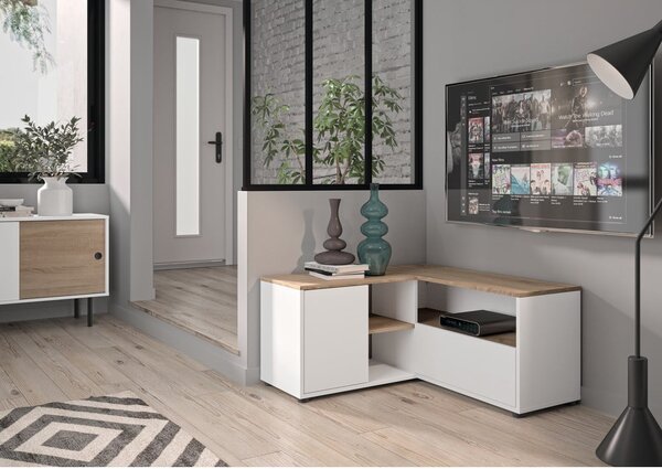 Tavolo TV in rovere decorato in bianco e naturale 90x45 cm Angle - TemaHome