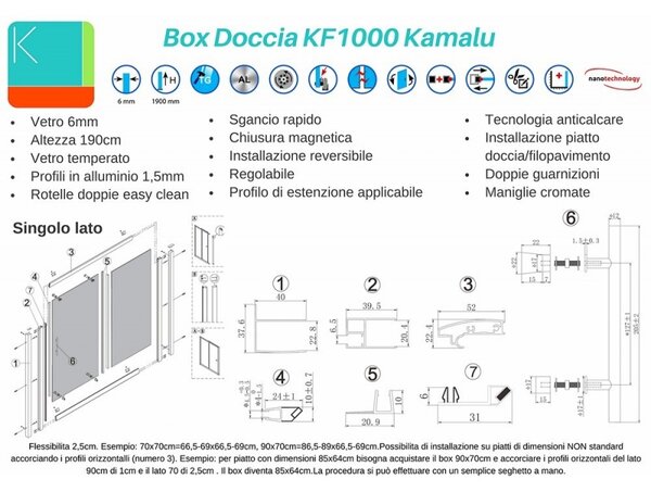 Kamalu box doccia tre lati 70x110x70 doppio scorrevole altezza 190 kf1000