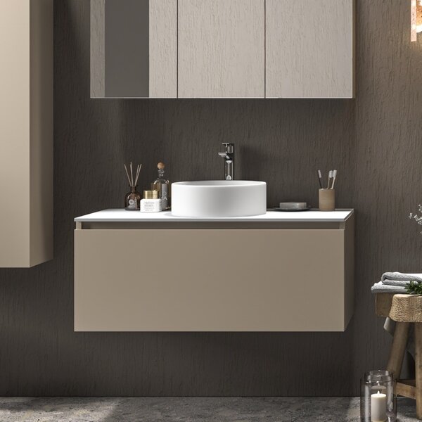 Mobile bagno 100 cm sospeso con piano da appoggio in solid surface bianco SP-100C - KAMALU