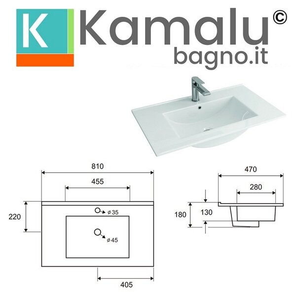 Mobile bagno sospeso 80cm con lavabo integrato e 2 cassetti TOD-80L - KAMALU