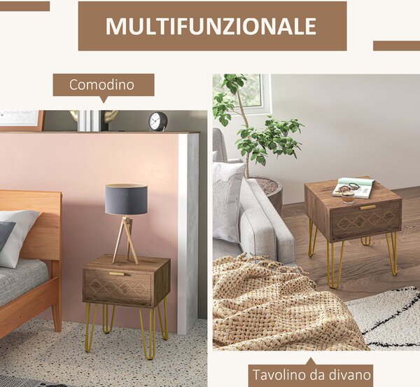 HOMCOM Comodini Moderni Set 2 Pezzi in Truciolato e Acciaio con Cassetto, 39.5x41x49 cm, Marrone