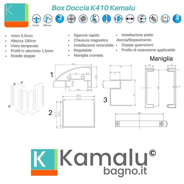 Kamalu box doccia 3 lati 70x70x70 altezza 180 cristallo trasparente k410