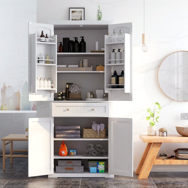 Costway Mobile dispensa multiuso da cucina alto 183cm, Credenza moderna con 4 ante ripiani regolabili e cassetto Bianco