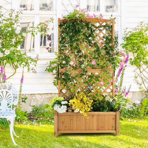 Costway Letto da giardino rialzato con fioriera traliccio fori di drenaggio, Fioriera in legno 180cm da esterno Arancione