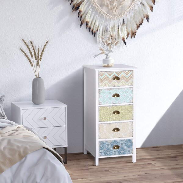 Homcom Cassettiera Mobiletto Vintage con 5 Cassetti Fantasia, per Bagno, Ingresso, Camera, Bianco 46x34x97.5cm|Aosom