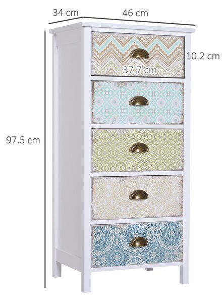 Homcom Cassettiera Mobiletto Vintage con 5 Cassetti Fantasia, per Bagno, Ingresso, Camera, Bianco 46x34x97.5cm|Aosom