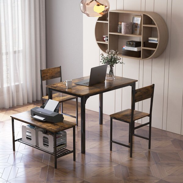 Costway Set tavolo e sedie da cucina 4 pezzi, Tavolo da pranzo con 2 sedie e 1 panca telaio e ripiano metallici Marrone