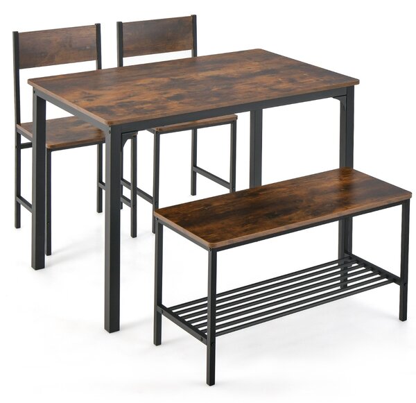 Costway Set tavolo e sedie da cucina 4 pezzi, Tavolo da pranzo con 2 sedie e 1 panca telaio e ripiano metallici Marrone
