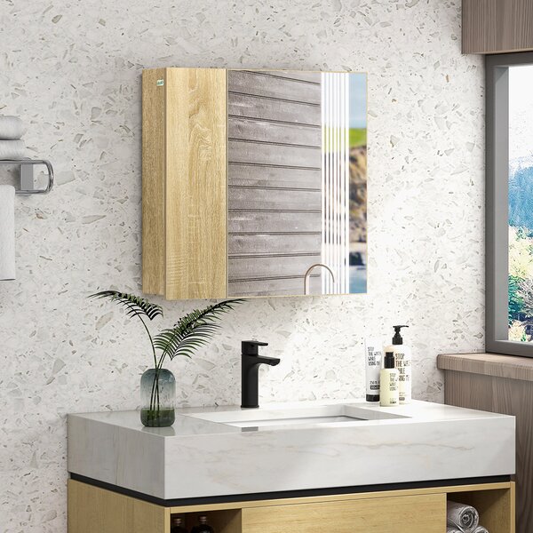 Kleankin Mobiletto Specchio Bagno a 4 Sezioni con Ripiani Regolabili, in Legno e Vetro, 90x15x75 cm, Grigio| Aosom Italy