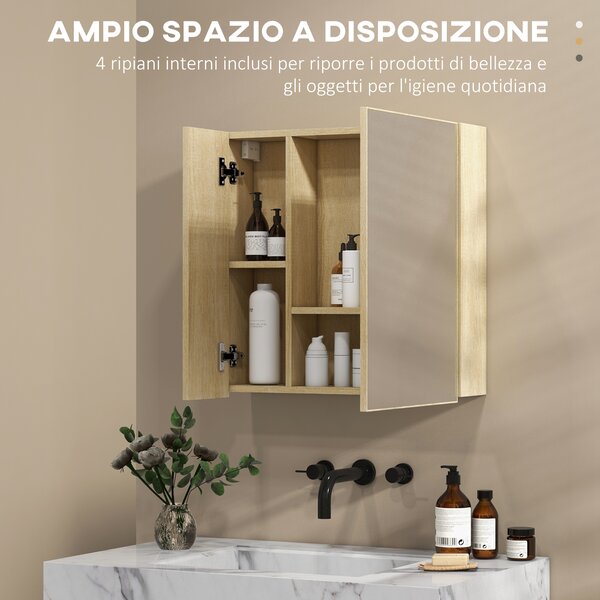 Kleankin Mobiletto Specchio Bagno a 4 Sezioni con Ripiani Regolabili, in Legno e Vetro, 90x15x75 cm, Grigio| Aosom Italy