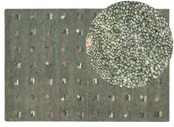 Tappeto Gabbeh di lana verde fatto a mano con motivo con animali 160 x 230 cm soggiorno camera da letto cameretta Beliani