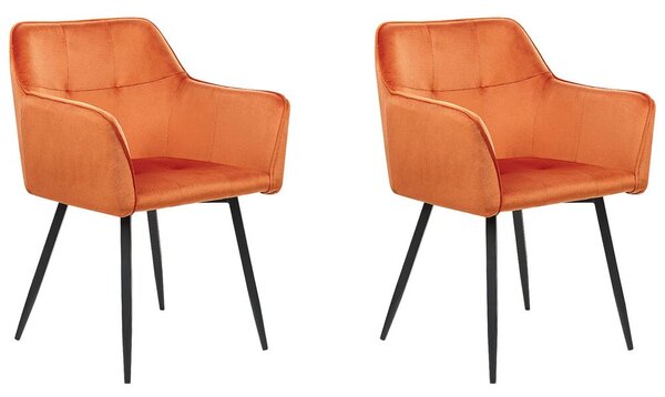 Set di 2 sedie da pranzo con sedile imbottito in velluto arancione con braccioli e gambe in metallo Nero Beliani