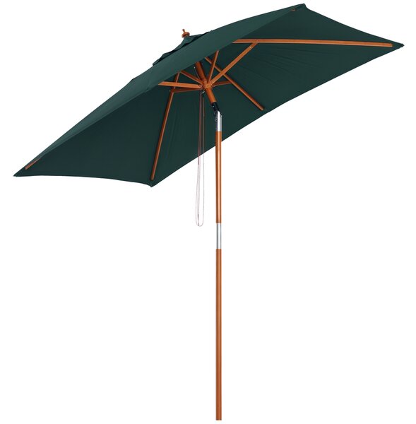 Outsunny Ombrellone da Giardino Inclinabile 2x1.5m, 6 Stecche, Palo in Legno e Apertura a Corda, Verde|Aosom