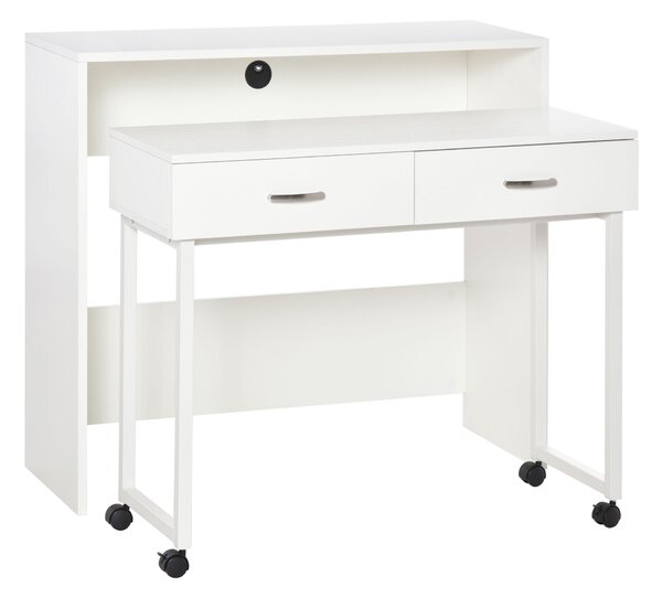 HOMCOM Scrivania per Camera e Ufficio con Cassetti e Ruote, Postazione di Lavoro Doppia o Singola, 100x36x88cm, Bianco|Aosom