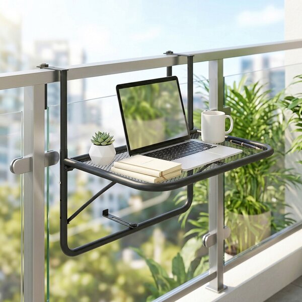 Outsunny Tavolino da Balcone Ringhiera Appeso Braccio con Ripiano Regolabile, Ferro, Nero 60 x 56.5 x 45 cm|Aosom
