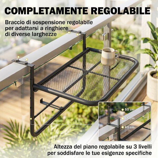 Outsunny Tavolino da Balcone Ringhiera Appeso Braccio con Ripiano Regolabile, Ferro, Nero 60 x 56.5 x 45 cm|Aosom