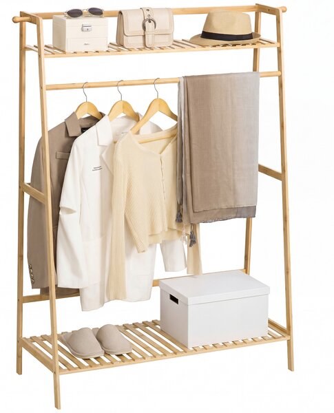 HOMCOM Appendiabiti in Bambù, Design Rialzato a 2 Livelli con Barra e 2 Ganci, 114x40x139 cm|Aosom