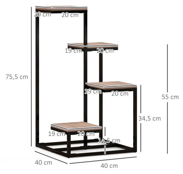 Outsunny Scaffale per Piante a 4 Livelli in Acciaio e Legno, 40x40x75.5 cm, Marrone e Nero|Aosom