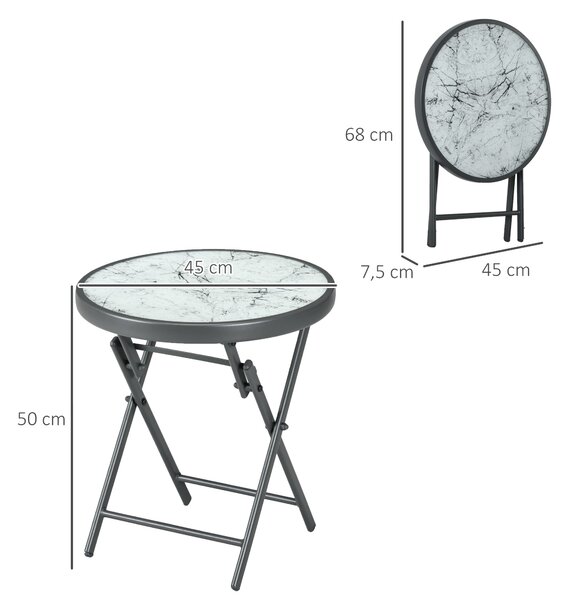 Outsunny Tavolino da Caffè per Giardino Pieghevole con Piano in Vetro Effetto Marmo, Ø45x50cm, Grigio|Aosom