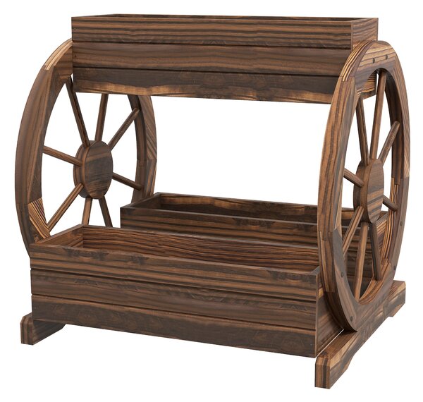 Outsunny Fioriera in Legno da Esterno a 2 Livelli con 3 Vasi e Ruote di Carro Stile Country, 64x54x60cm|Aosom