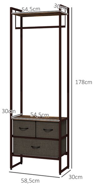 HOMCOM Appendiabiti multiuso con 3 Cassetti pieghevoli in tessuto e Ripiani da terra, in Legno MDF e Acciaio, 58.5x30x178 cm, Marrone|Aosom Italy