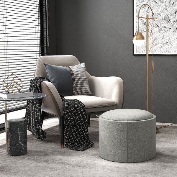 HOMCOM Pouf Contenitore Effetto Lino da 120 kg max con Vassoio a Ribalta, in MDF, 56x56x42 cm, Grigio
