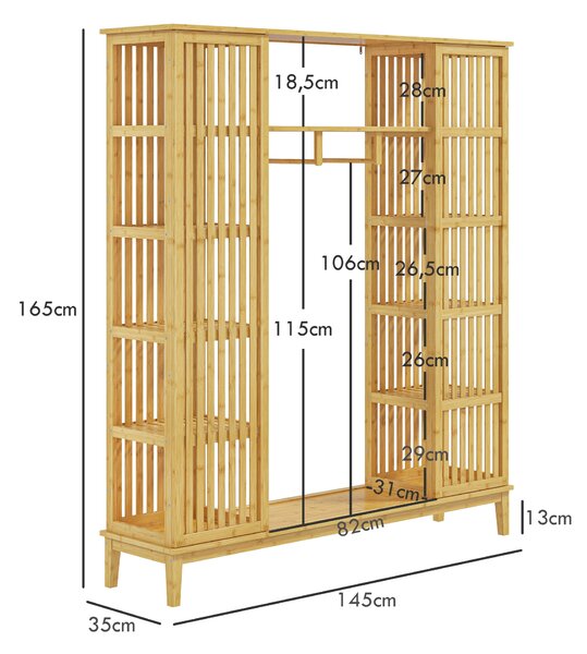 HOMCOM Armadio Aperto in Bambù con 2 Ante Scorrevoli, Ripiani Aperti e Barra Appendiabiti, 145x35x165cm