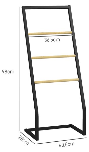 HOMCOM Portasciugamani a 4 Sbarre in Acciaio e Bambù, 40.5x28x98cm, Nero e color Legno