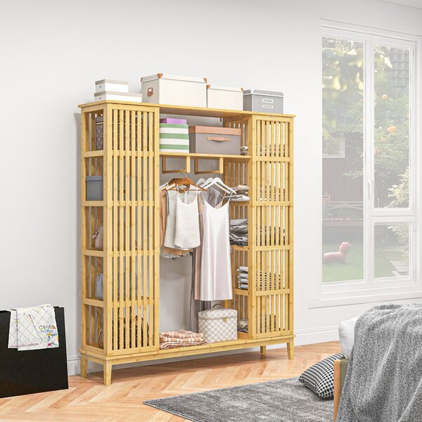 HOMCOM Armadio Aperto in Bambù con 2 Ante Scorrevoli, Ripiani Aperti e Barra Appendiabiti, 145x35x165cm