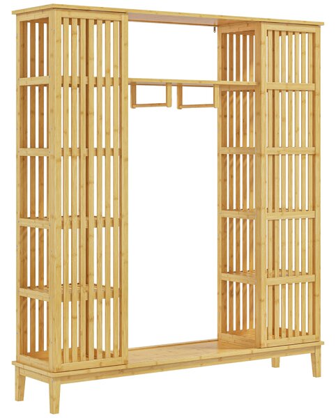 HOMCOM Armadio Aperto in Bambù con 2 Ante Scorrevoli, Ripiani Aperti e Barra Appendiabiti, 145x35x165cm
