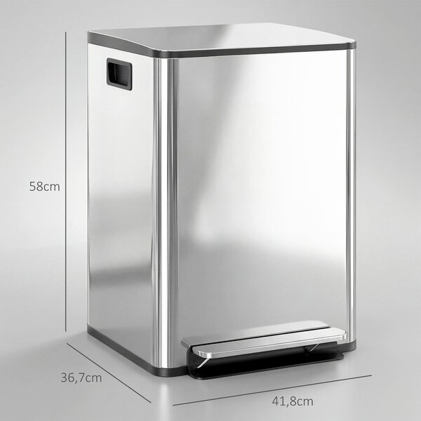 HOMCOM Bidone Immondizia a 2 Sezioni da 20L a Pedale con Coperchio Silenzioso, in Acciaio Inox e PP, 41.8x36.7x58 cm