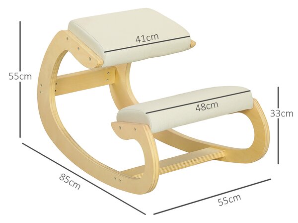 HOMCOM Sedia Inginocchiatoio con Movimento a Dondolo, in Tessuto Effetto Lino e Legno di Betulla, 55x85x55 cm, Crema