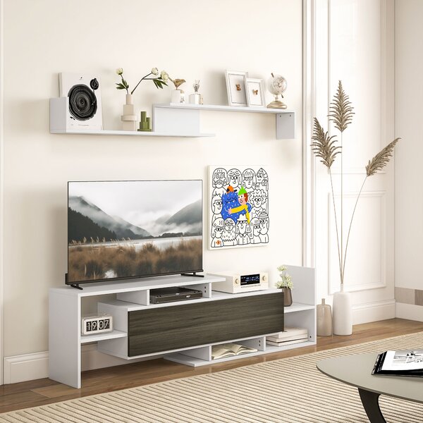 HOMCOM Mobile TV Moderno con Mensola a Muro e Ripiani Aperti in Legno Bianco e Nero per Soggiorno Salotto Design Elegante e Funzionale |Aosom