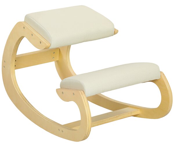 HOMCOM Sedia Inginocchiatoio con Movimento a Dondolo, in Tessuto Effetto Lino e Legno di Betulla, 55x85x55 cm, Crema