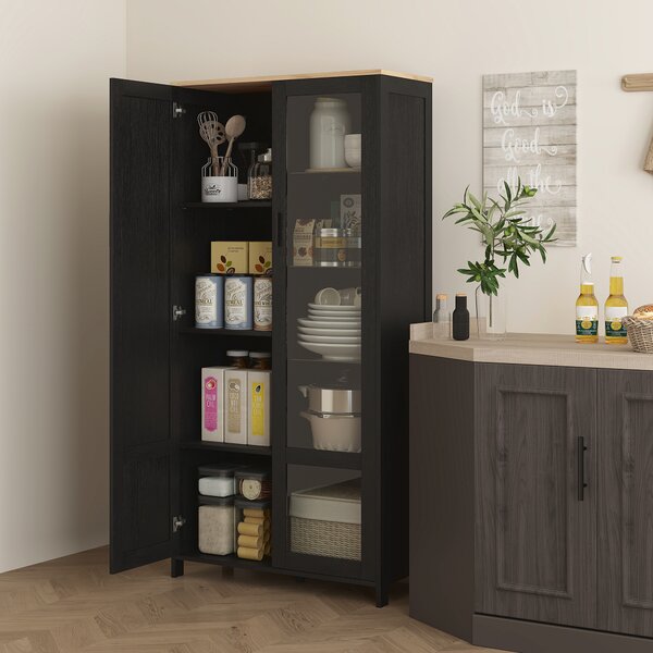 HOMCOM Mobile Dispensa Cucina in Legno a 9 Ripiani Regolabili con Ante in Vetro, 76x36x160 cm, Nero e color Legno