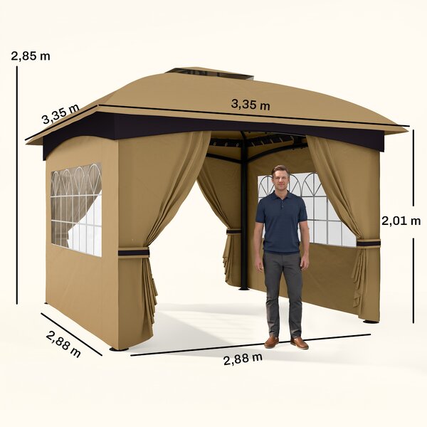 Outsunny Gazebo da Giardino 3.4x3.4m con Pareti in PU Anti-Strappo e Anti-Raggi UV, Tetto a 2 Livelli, Beige|Aosom