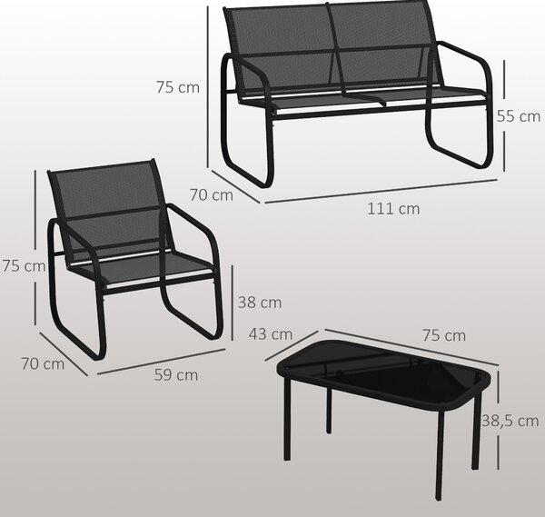 Outsunny Set da Giardino con 2 Divani 2 Posti, 2 Poltrone e un Tavolino da Caffè con Piano in Vetro, Nero
