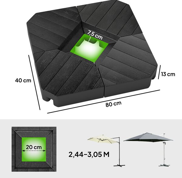 Outsunny Set 4 Mattonelle Base per Ombrellone a Braccio Riempibili con Acqua o Sabbia fino a 80 kg, Nero