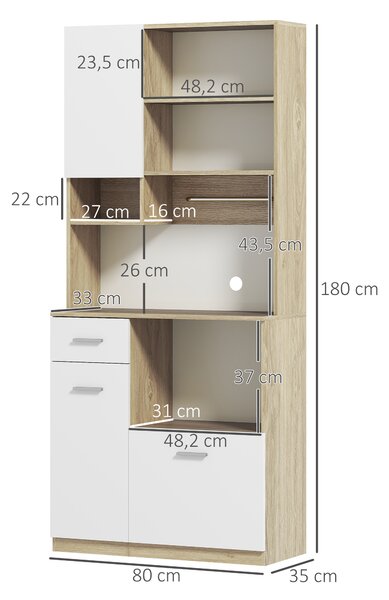 HOMCOM Mobile Dispensa in Legno con Cassetto, 3 Armadietti e 4 Ripiani Aperti, 80x35x180 cm, Bianco