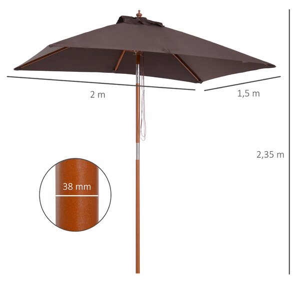 Outsunny Ombrellone Rettangolare Inclinabile 2x1.5 m con 6 Stecche e Apertura a Corda, in Bambù e Poliestere Caffè