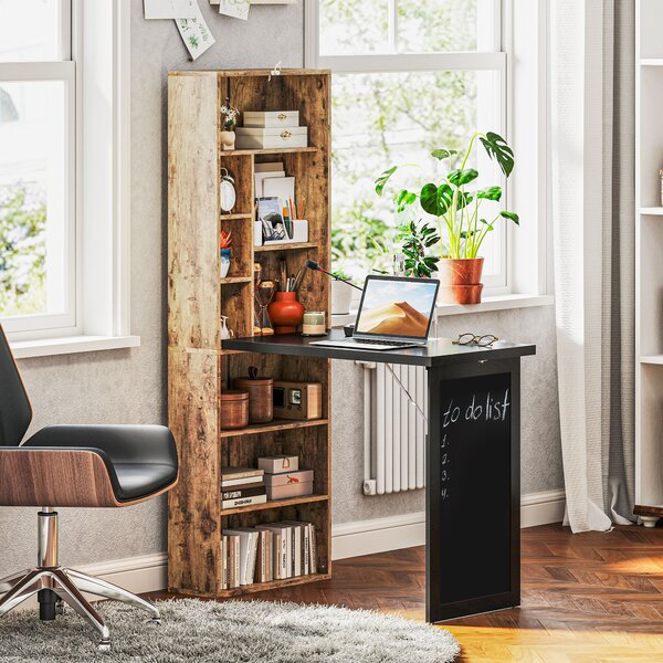 HOMCOM Scrivania Moderna Pieghevole con Libreria e Lavagna, in Legno e Metallo, 98x51x153 cm, Marrone Rustico | Aosom Italy