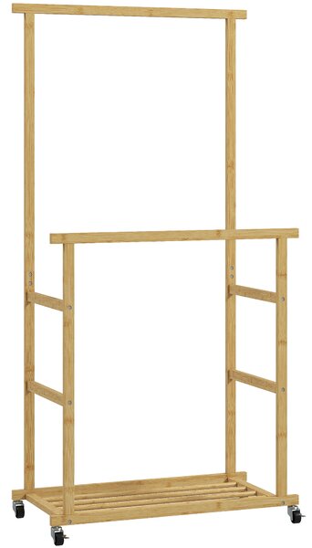 HOMCOM Stender Appendiabiti con 2 Barre, Ripiano Inferiore e 4 Ruote in Bambù, 80x40x160 cm, Legno Naturale | Aosom Italy