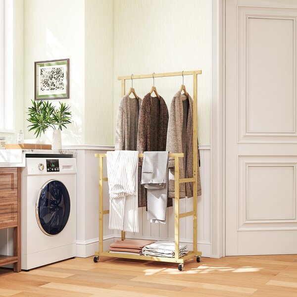 HOMCOM Stender Appendiabiti con 2 Barre, Ripiano Inferiore e 4 Ruote in Bambù, 80x40x160 cm, Legno Naturale | Aosom Italy