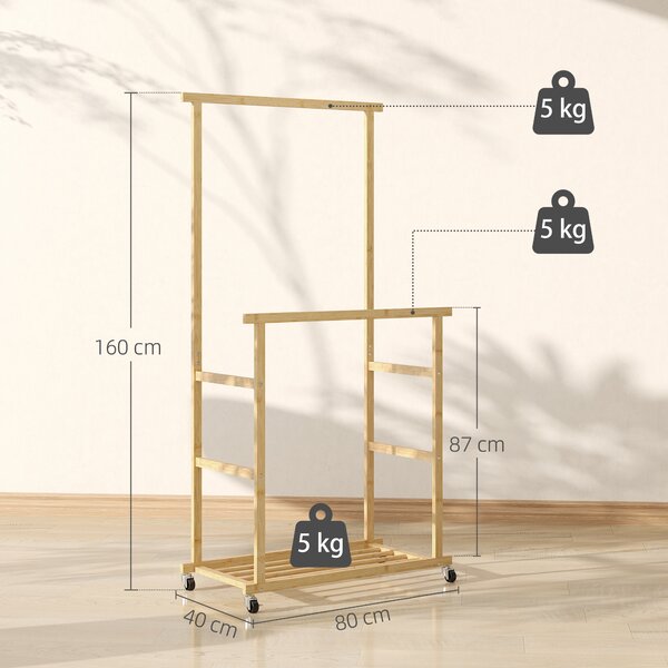 HOMCOM Stender Appendiabiti con 2 Barre, Ripiano Inferiore e 4 Ruote in Bambù, 80x40x160 cm, Legno Naturale | Aosom Italy
