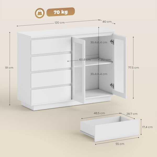 HOMCOM Credenza Buffet in Legno con 4 Cassetti e Armadietto, Ante in Vetro e Ripiani Regolabili, 120x40x91cm, Bianco | Aosom Italy