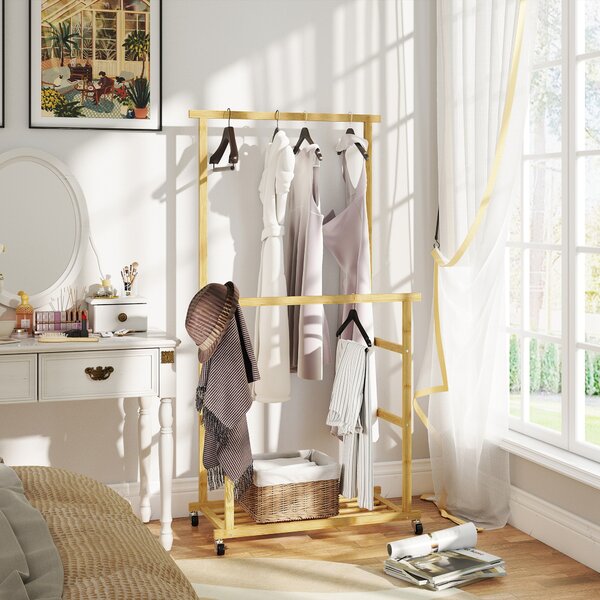 HOMCOM Stender Appendiabiti con 2 Barre, Ripiano Inferiore e 4 Ruote in Bambù, 80x40x160 cm, Legno Naturale | Aosom Italy
